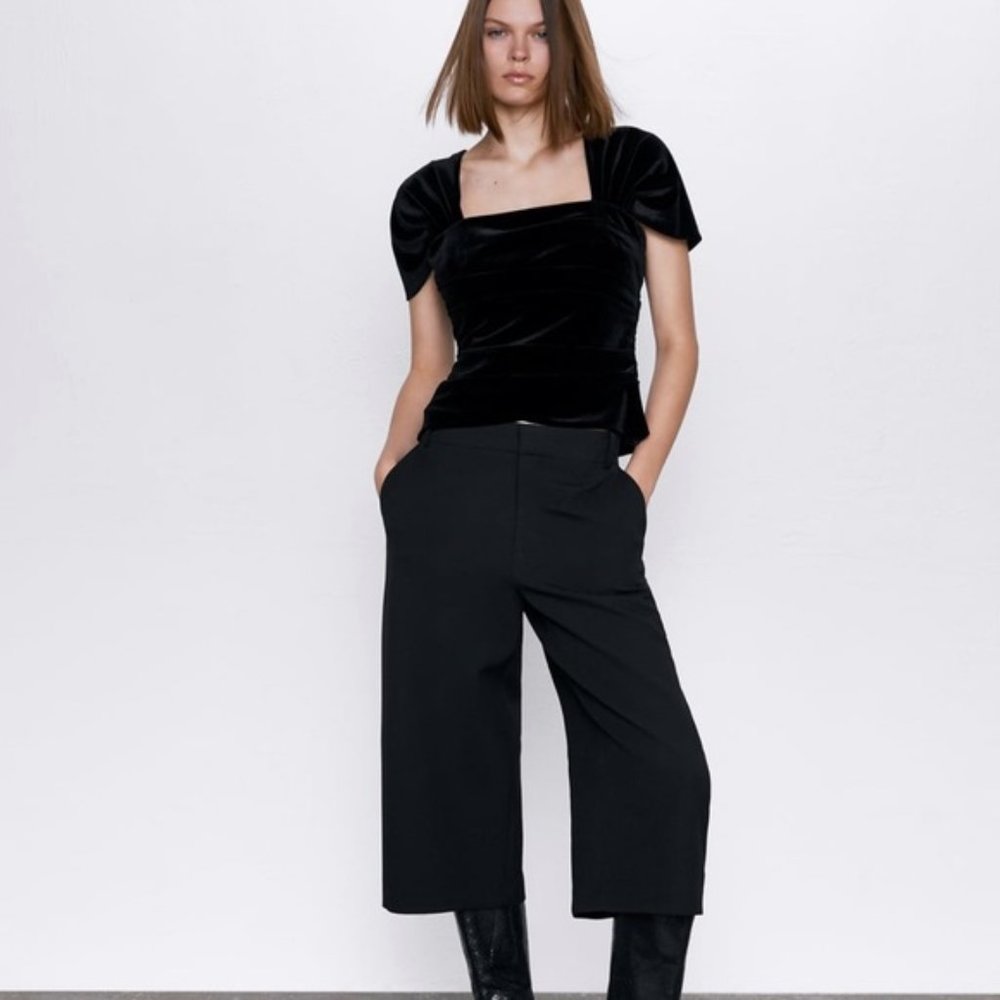 Zara Black Pleated Velvet Top